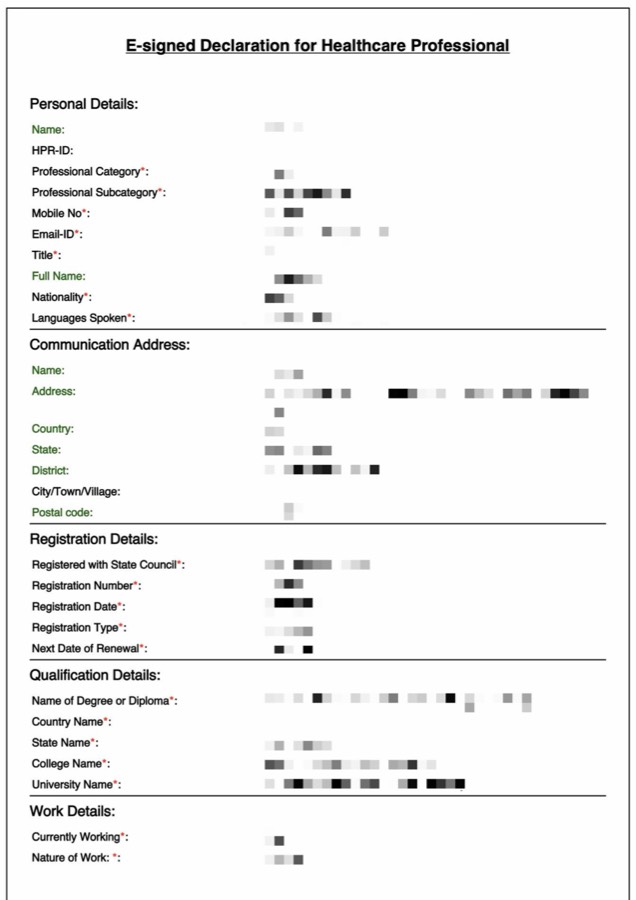 Example of the NHPR e-signed declaration, personal details blurred